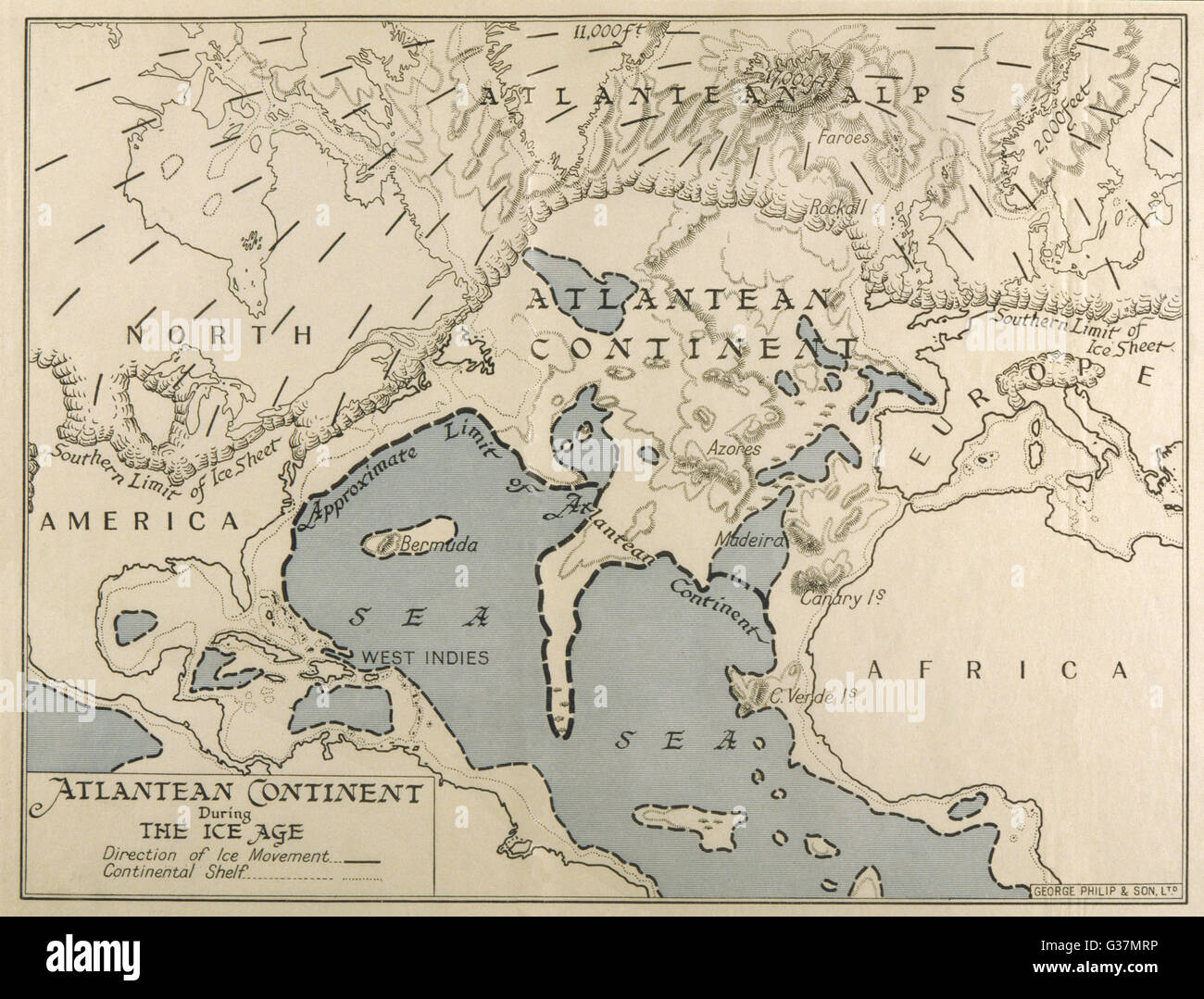 Mappa del Atlantean continente mostrando la misura di Ice Age. Data: 1933 Foto Stock