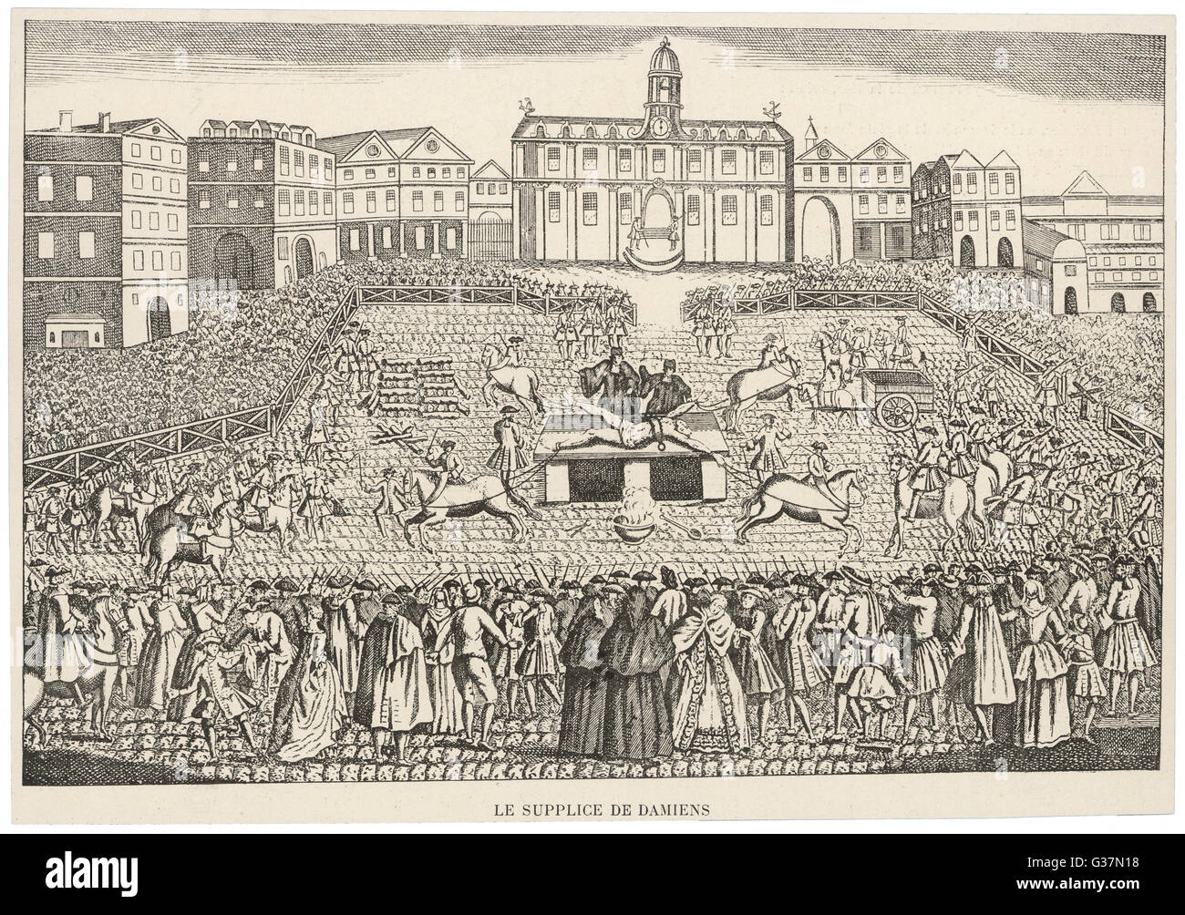 Esecuzione pubblica di Robert-Francois Damiens, potrebbe essere assassino di Luigi XV, da "casernement'. Data: 1757 Foto Stock