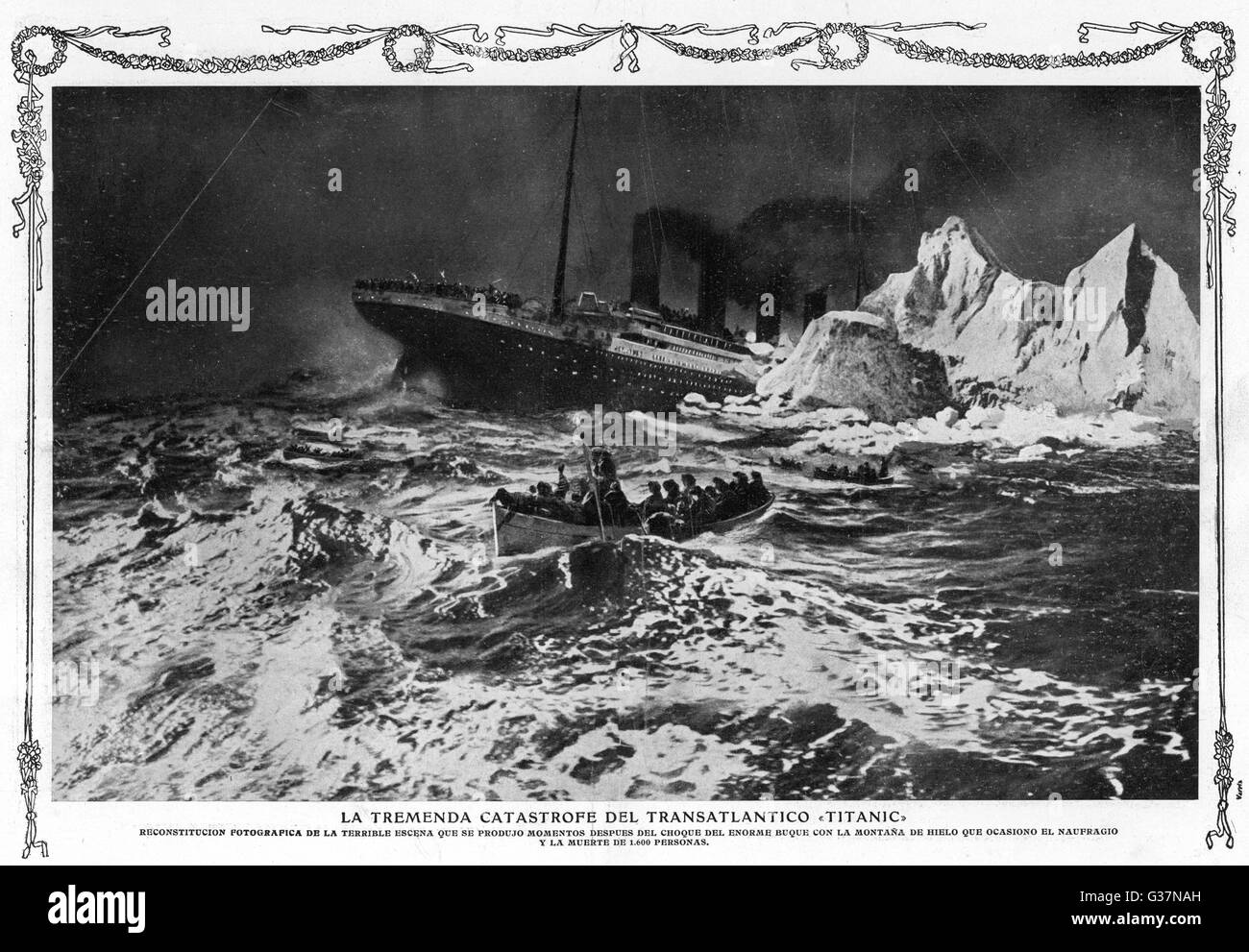Illustrazione del relitto e per i superstiti in scialuppa di salvataggio. Data: 1912 Foto Stock