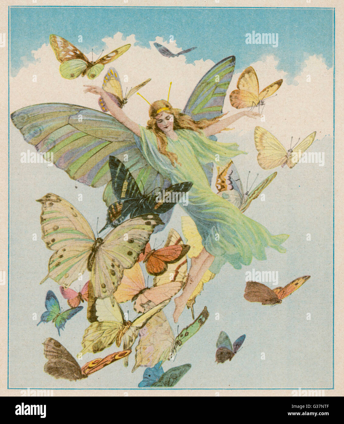 Fairy battenti con coloratissime farfalle data: 1925 Foto Stock