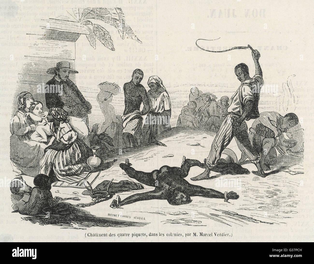 Antille Francesi : la punizione dei "quattro pioli' inflitti su uno schiavo che non ha fatto come il suo maestro lo voleva fare data: 1843 Foto Stock