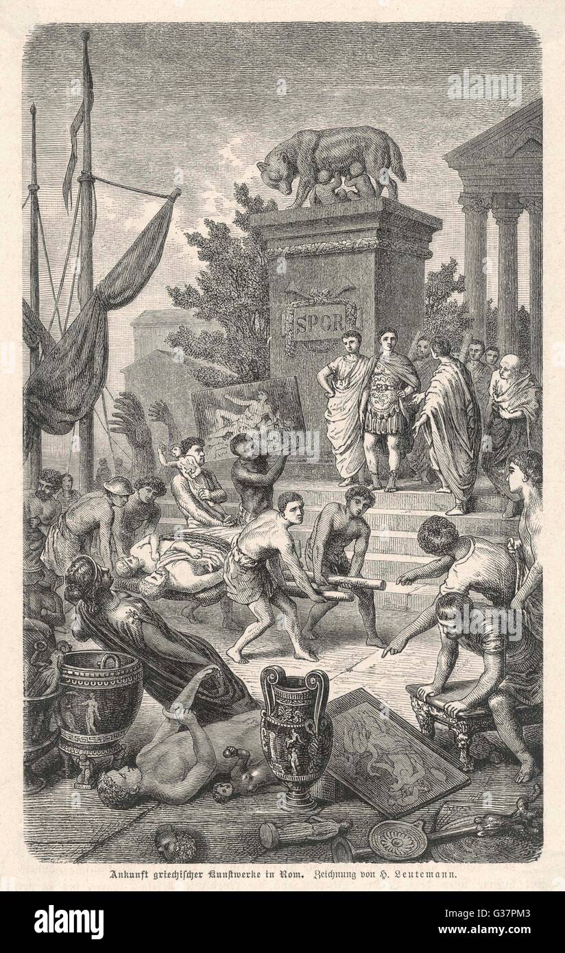 I Romani ammirare le opere d'arte hanno saccheggiato dalla Grecia Data: 146 BC Foto Stock