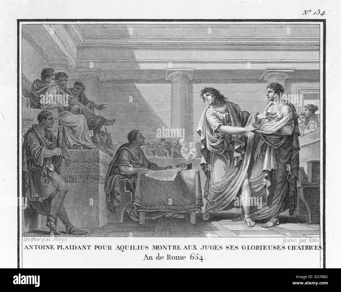 Aquilius, accusato di crudeltà nella sua soppressione di una rivolta in Sicilia, è assolto quando Marcus Antonius mostra i giudici le sue piaghe gloriose Data: 97 BC Foto Stock