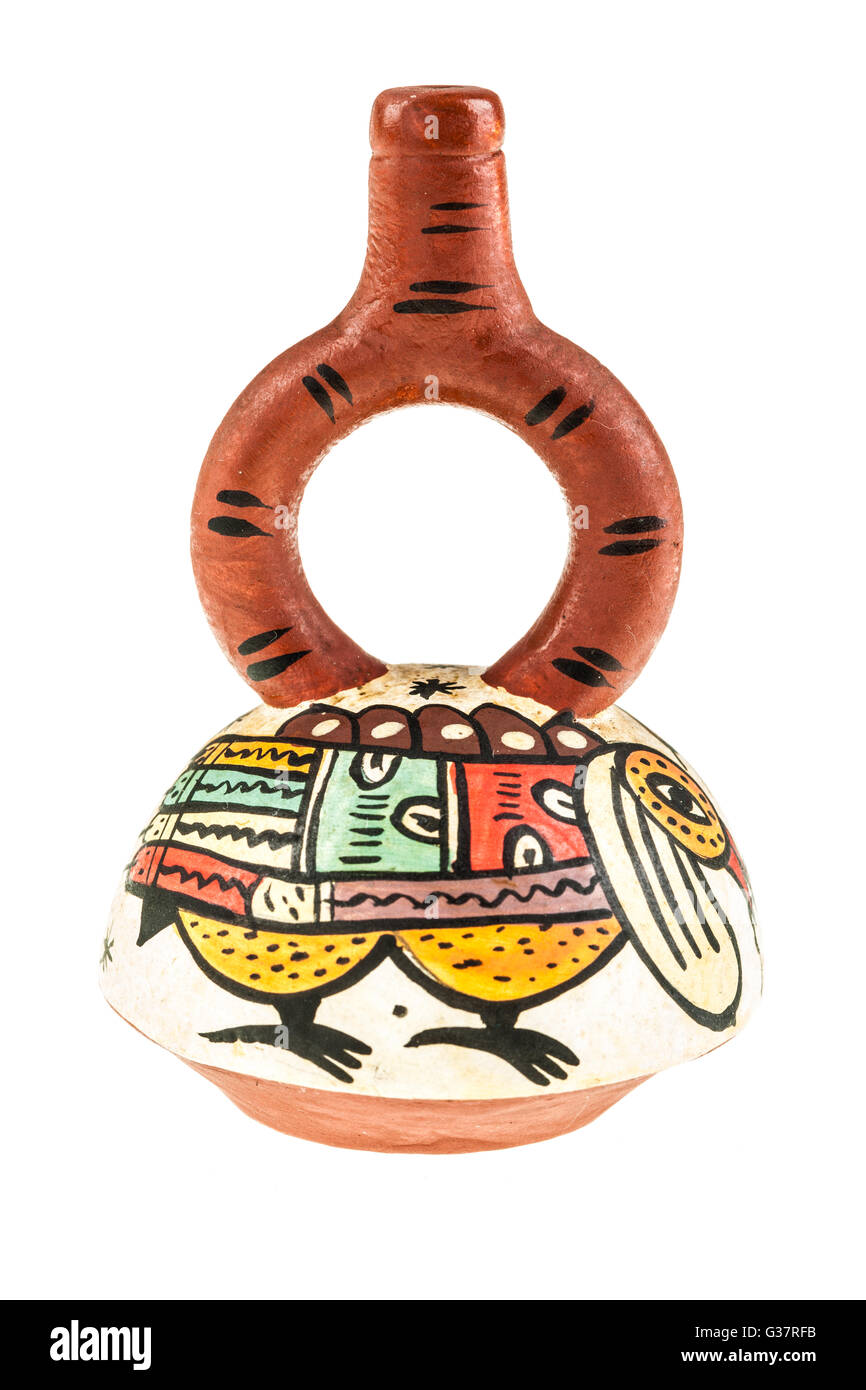 La staffa di ceramica-bottiglia del tubo di lancio è stato un importante nave tra i popoli del nord Peruviano costa dal secondo millennio B. Foto Stock