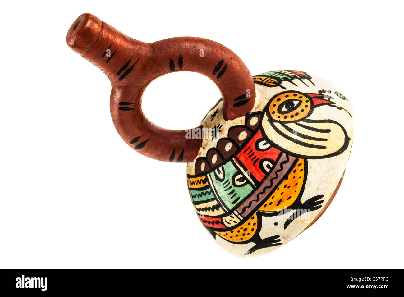 La staffa di ceramica-bottiglia del tubo di lancio è stato un importante nave tra i popoli del nord Peruviano costa dal secondo millennio B. Foto Stock
