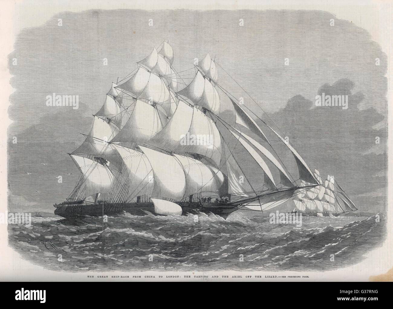 Tea clippers Ariel e Taeping visto corse off il Cornish Coast, 1866 Data: 1866 Foto Stock