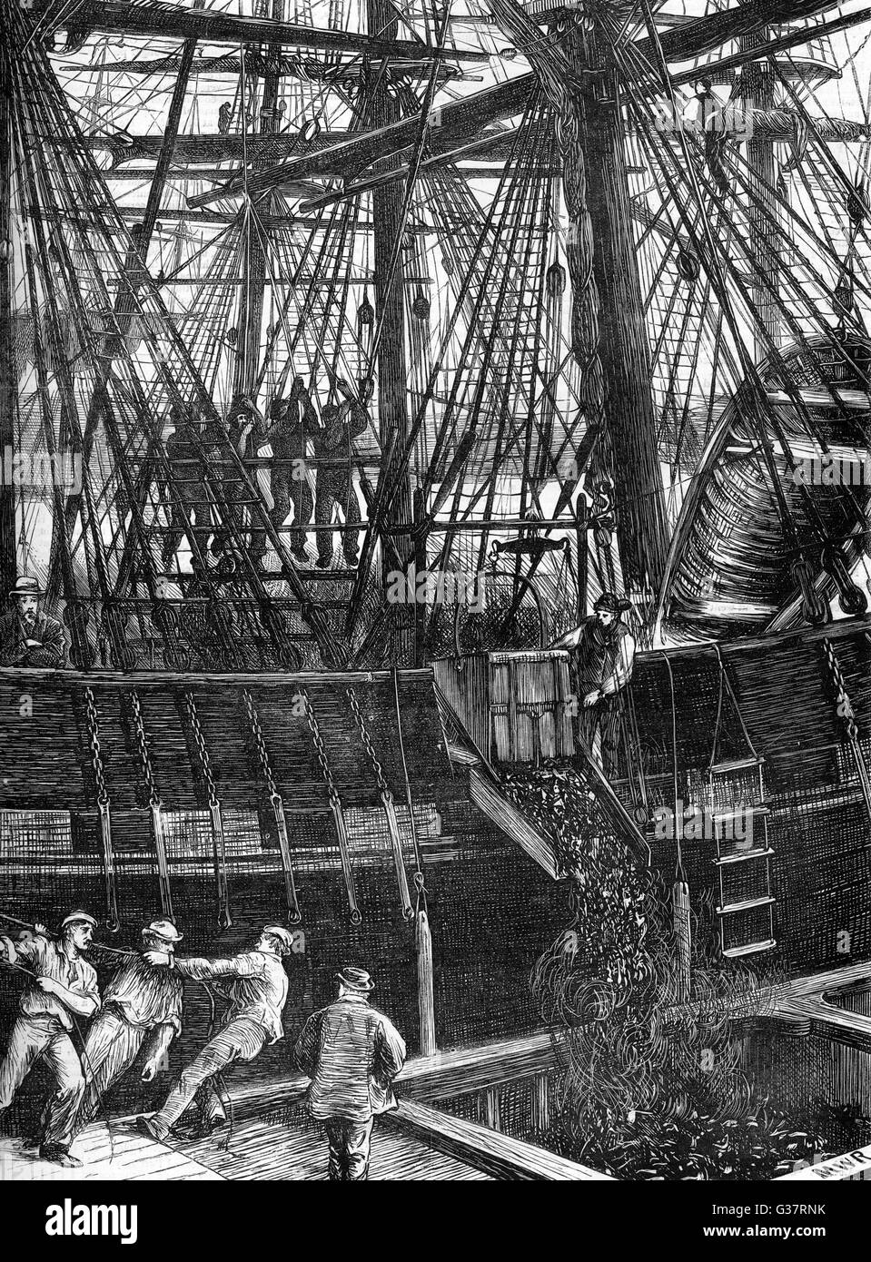 Scarico del carbone presso i moli di Londra 1871 Foto Stock