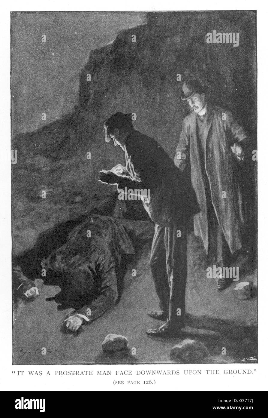 Il Segugio del BASKERVILLES Holmes e Watson scoprire 'a prostrarsi l'uomo...". Data: primo pubblicato: 1901-2 Foto Stock