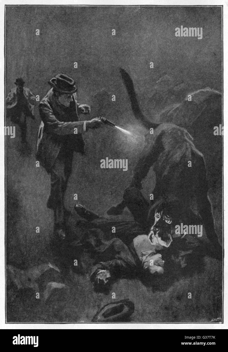 Il Segugio del BASKERVILLES Holmes spara i sinistri hound: "Holmes svuotato cinque barili del suo revolver nella creatura del fianco". Data: primo pubblicato: 1901-2 Foto Stock