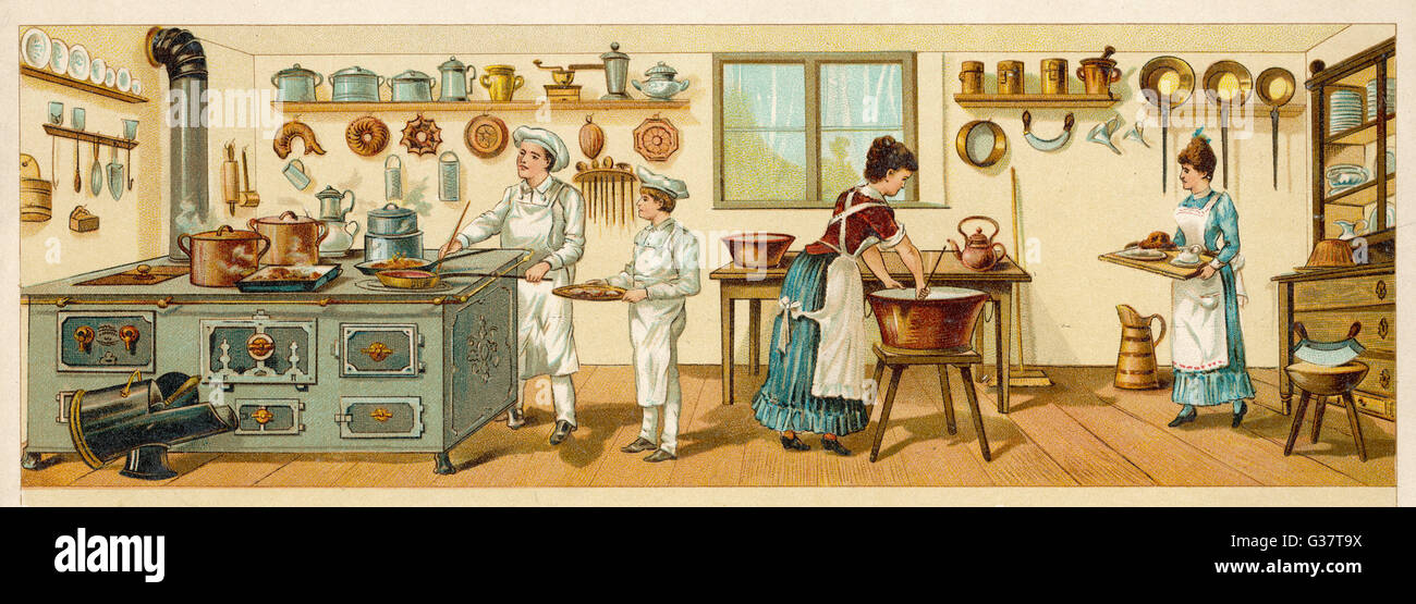 Una grande cucina francese, con uno chef e il suo assistente, un governante di servire i piatti e una cameriera scullery al loro lavaggio fino data: circa 1880 Foto Stock