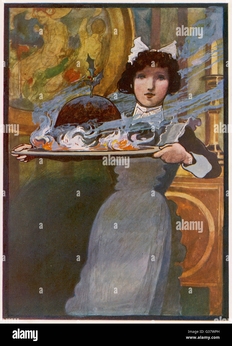 La cameriera porta il budino fiammeggiante data: 1913 Foto Stock