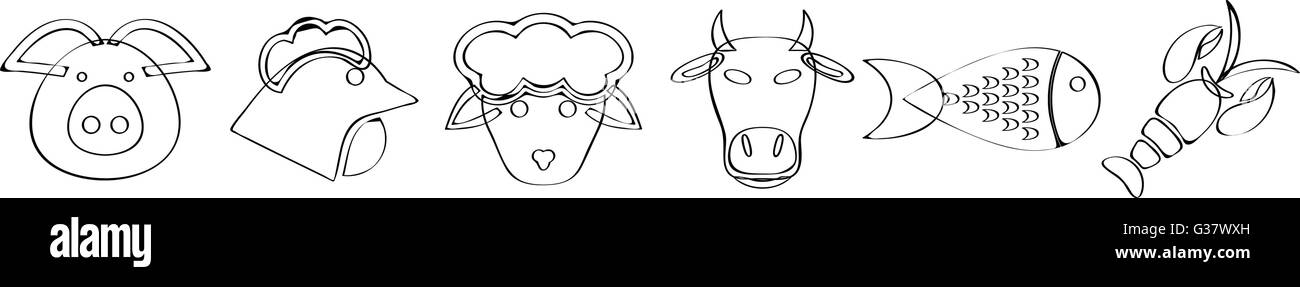 Disegnate Doodle rivestita Imposta icona animale con 6 icone per un utilizzo creativo in graphic design Illustrazione Vettoriale