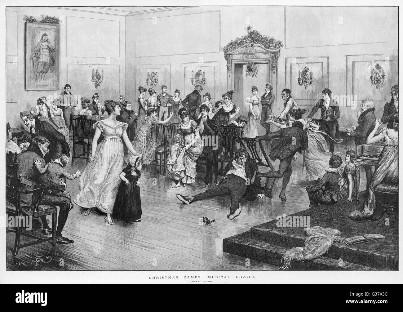 Un vivace gioco di 'Musical sedie" in occasione di una festa di Natale Data: inizio del XIX secolo Foto Stock
