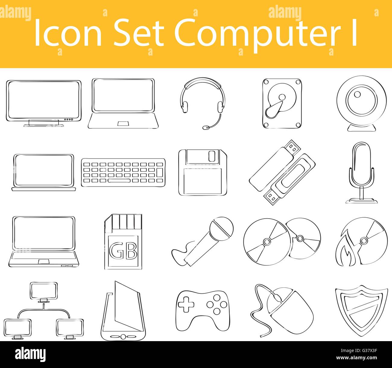 Disegnate Doodle Icona foderato Set Computer I con 20 icone per un utilizzo creativo in graphic design Illustrazione Vettoriale