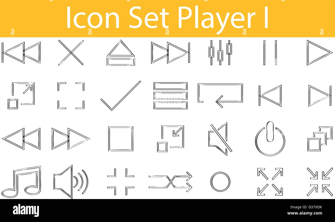 Disegnate Doodle rivestite Icon Set giocatore mi con 28 icone per un utilizzo creativo in graphic design Illustrazione Vettoriale