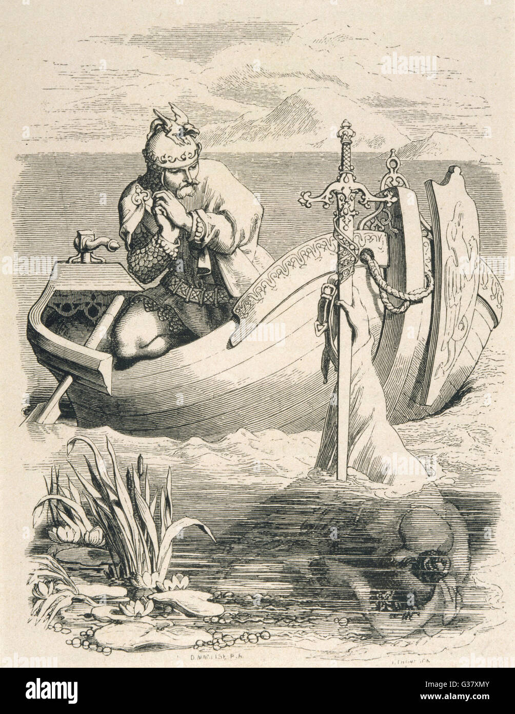 Excalibur dato al Re Artù dalla signora del lago. Foto Stock