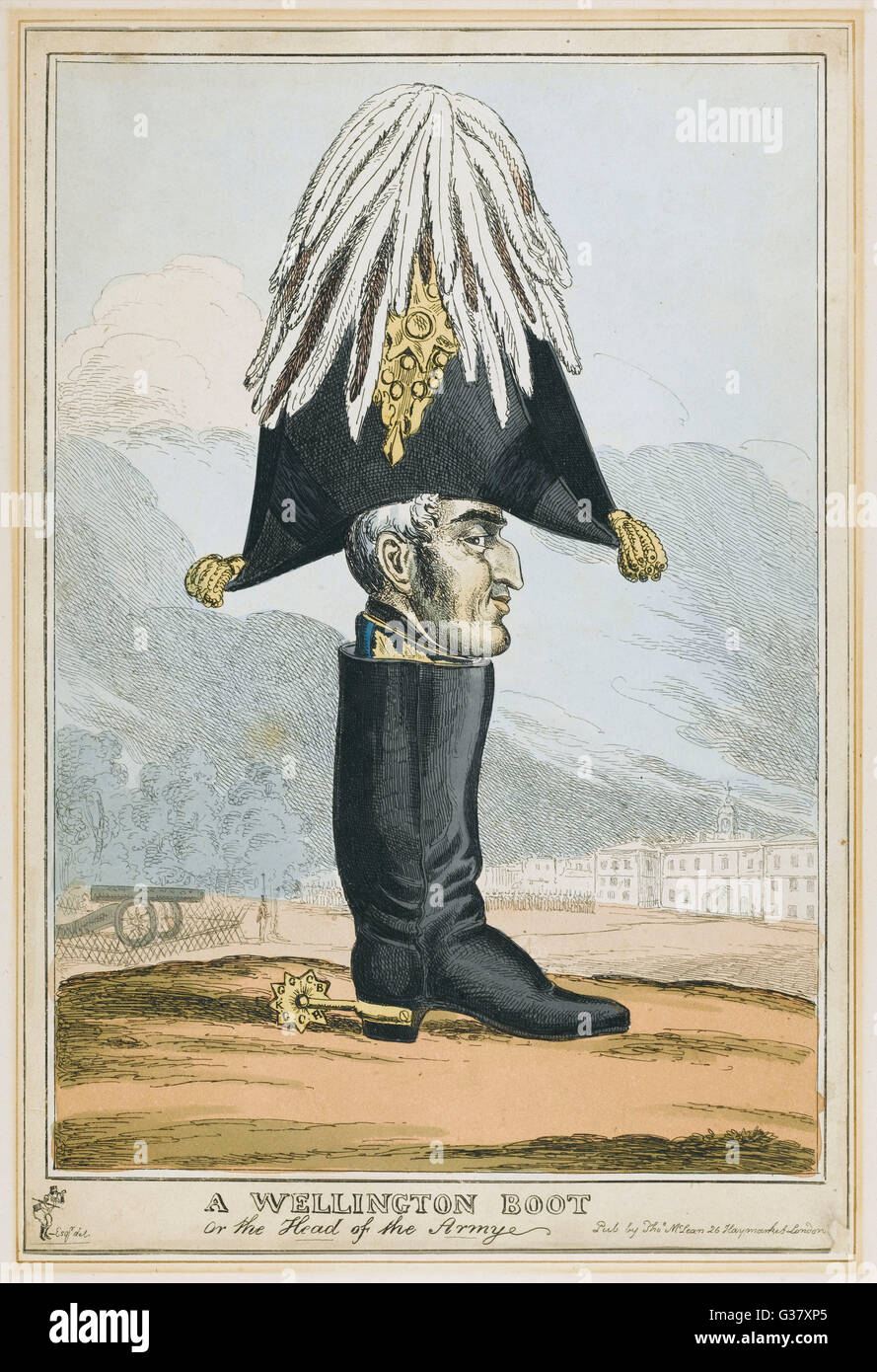 Maresciallo di Campo Arthur Wellesley, primo duca di Wellington, (1769-1852), British generale e statista, noto come il Duca di ferro, qui portayed satirically come un 'Wellington Boot'. Foto Stock