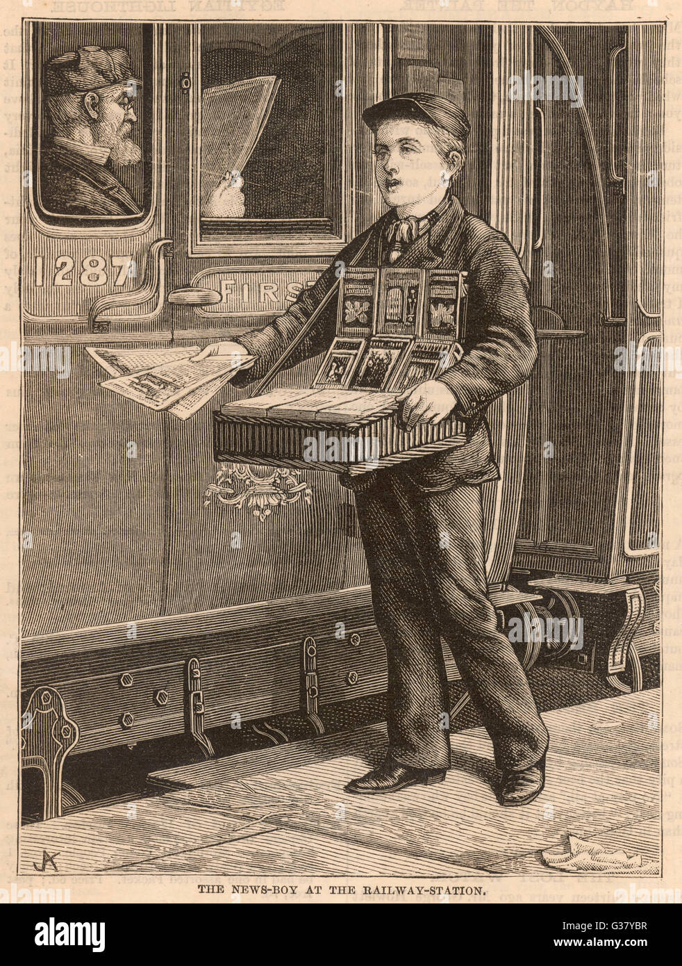 Un newsboy vende riviste e libri di passeggeri alla stazione ferroviaria. Data: 1881 Foto Stock