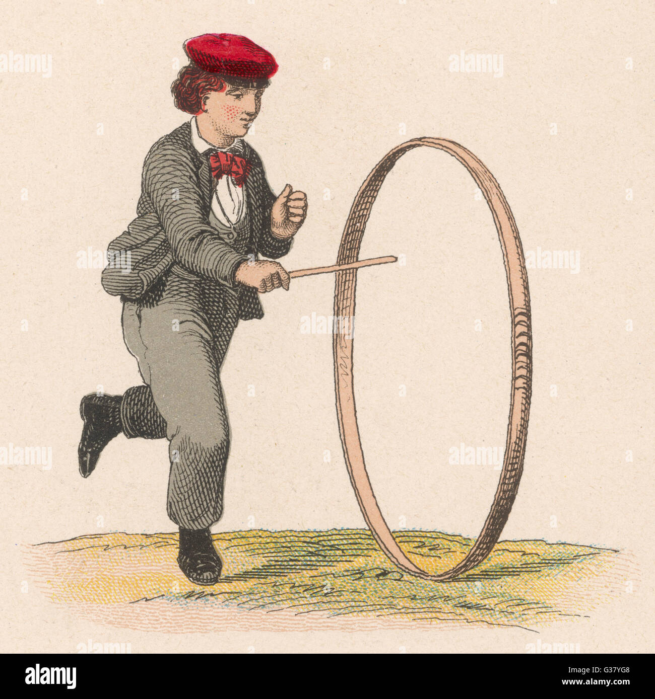 Giocattoli: Ragazzo con cerchio e bastone, 1880 Foto Stock