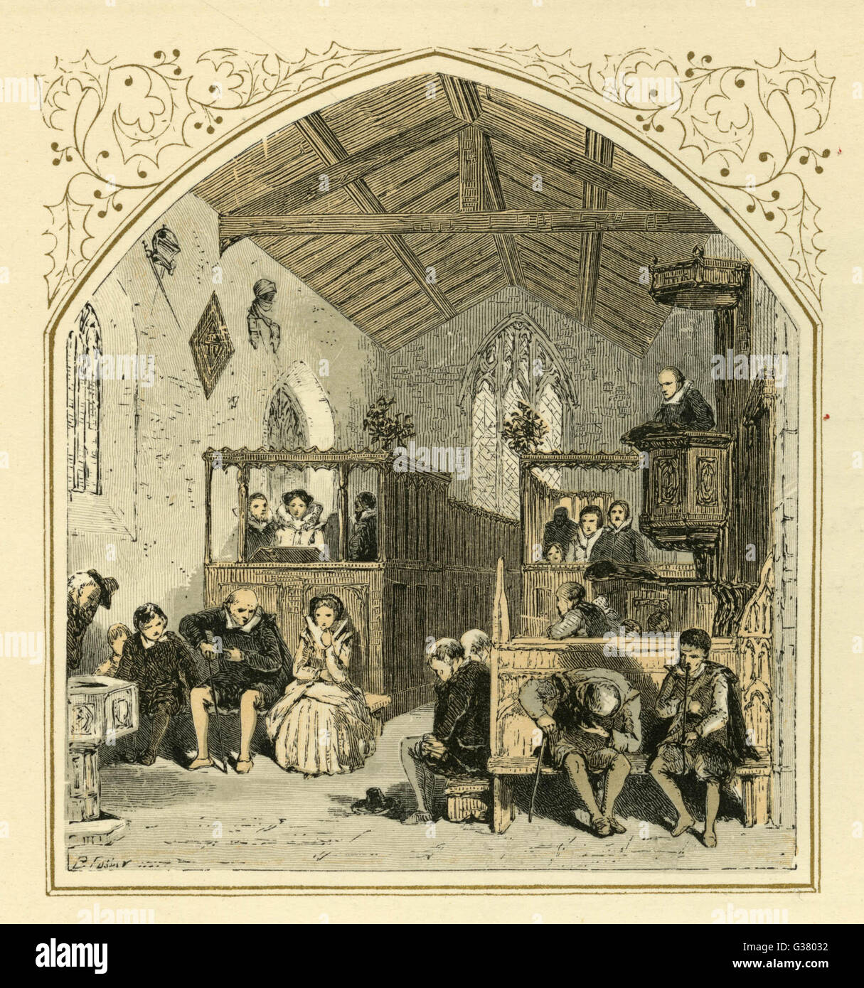 Il sermone di Natale in un paese di lingua inglese chiesa data: xvii secolo Foto Stock