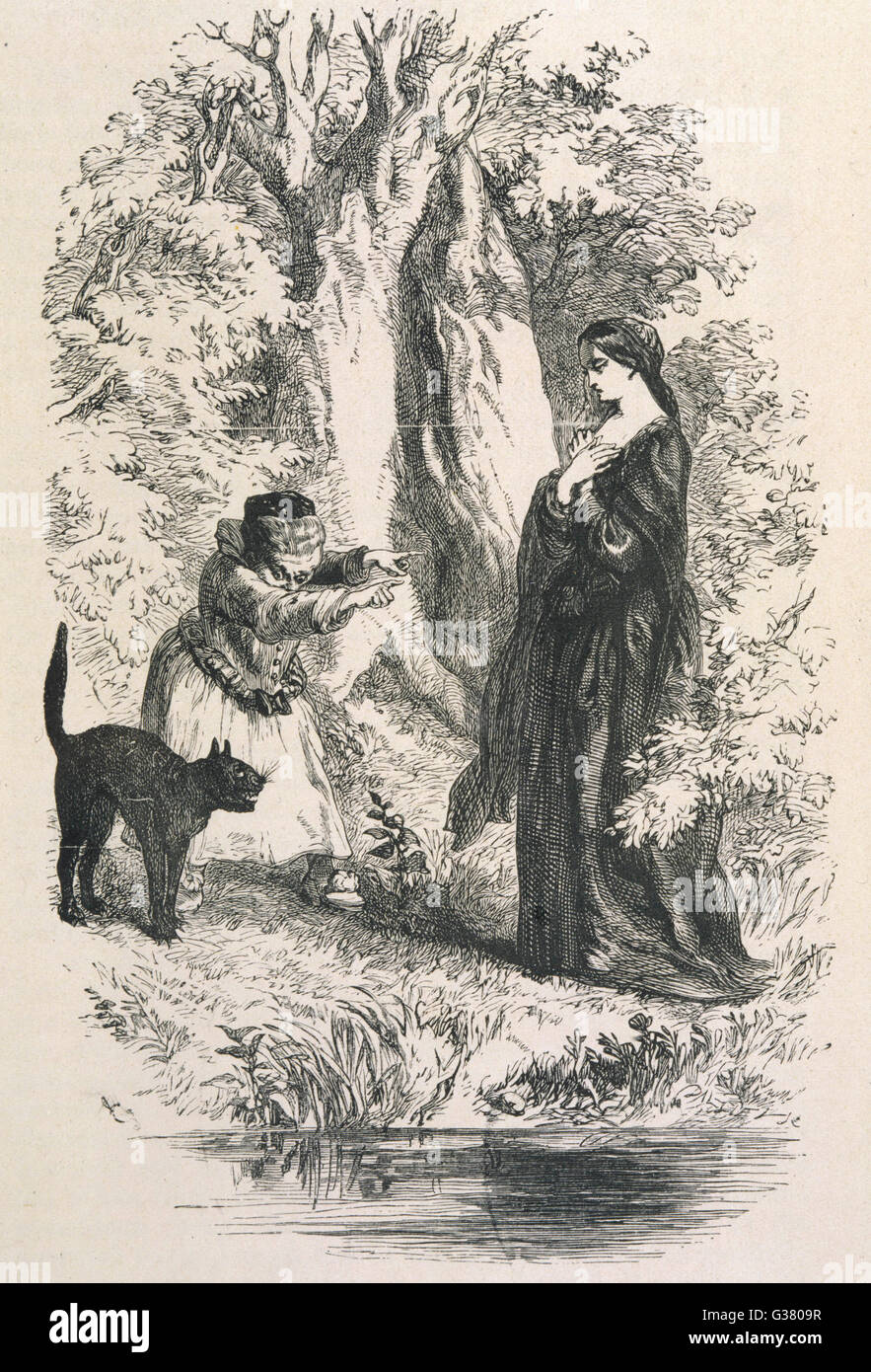 Il Lancashire streghe il giovane strega Jennet esorta il suo familiare, il gatto Tib, di attaccare la sua vittima data: 1612 Foto Stock