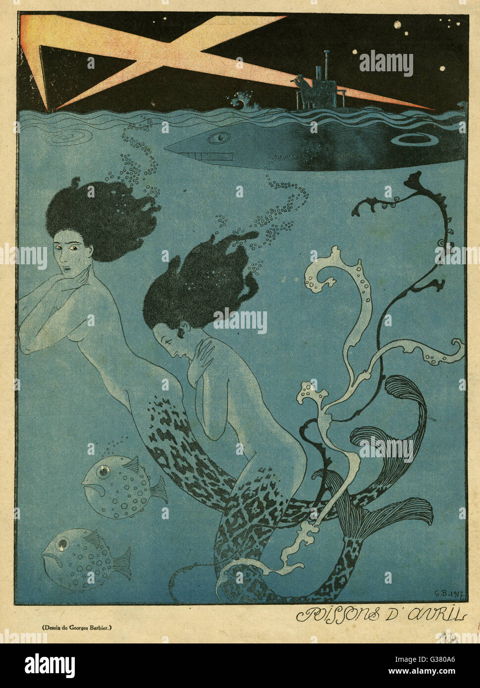 Cartoon, sirene e U-Boat. Due sirene e due pesci sono disturbati da un U-boat tedesca che ha una faccia come uno squalo. Data: 1917 Foto Stock