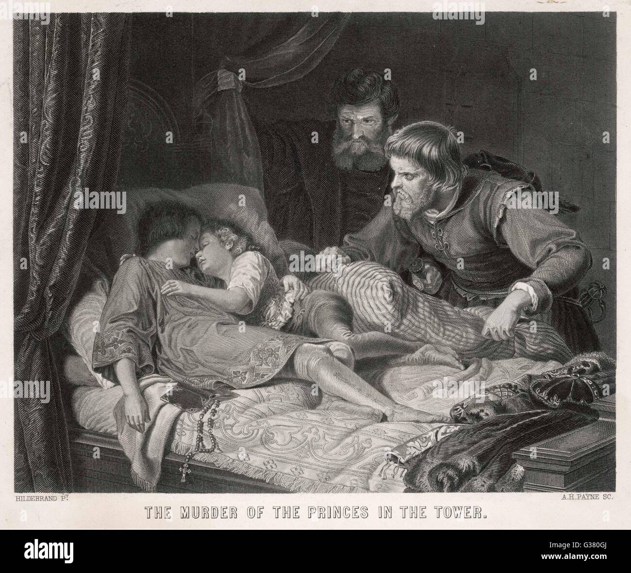 Edward V e Richard, il Duca di York, che giace morto avente stato confinato nella Torre di Londra e poi assassinato presumibilmente sulla fine del loro zio, Richard III. Data: 1483 Foto Stock