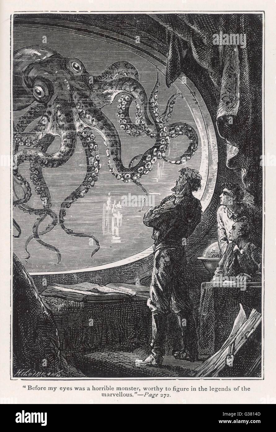 "20.000 LIEUES SOUS LES MERS' [20.000 leghe sotto i mari] un calamaro gigante, visto dalla sicurezza del "Nautilus" Data: 1870 Foto Stock