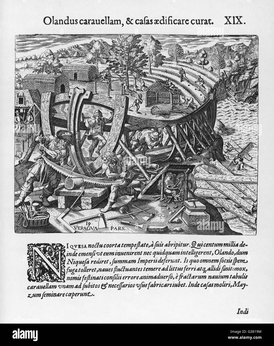 Olandus, un comandante spagnolo in Colombia, ha i suoi uomini costruire un caravel dal legname delle loro navi disastrate Data: XVI secolo Foto Stock