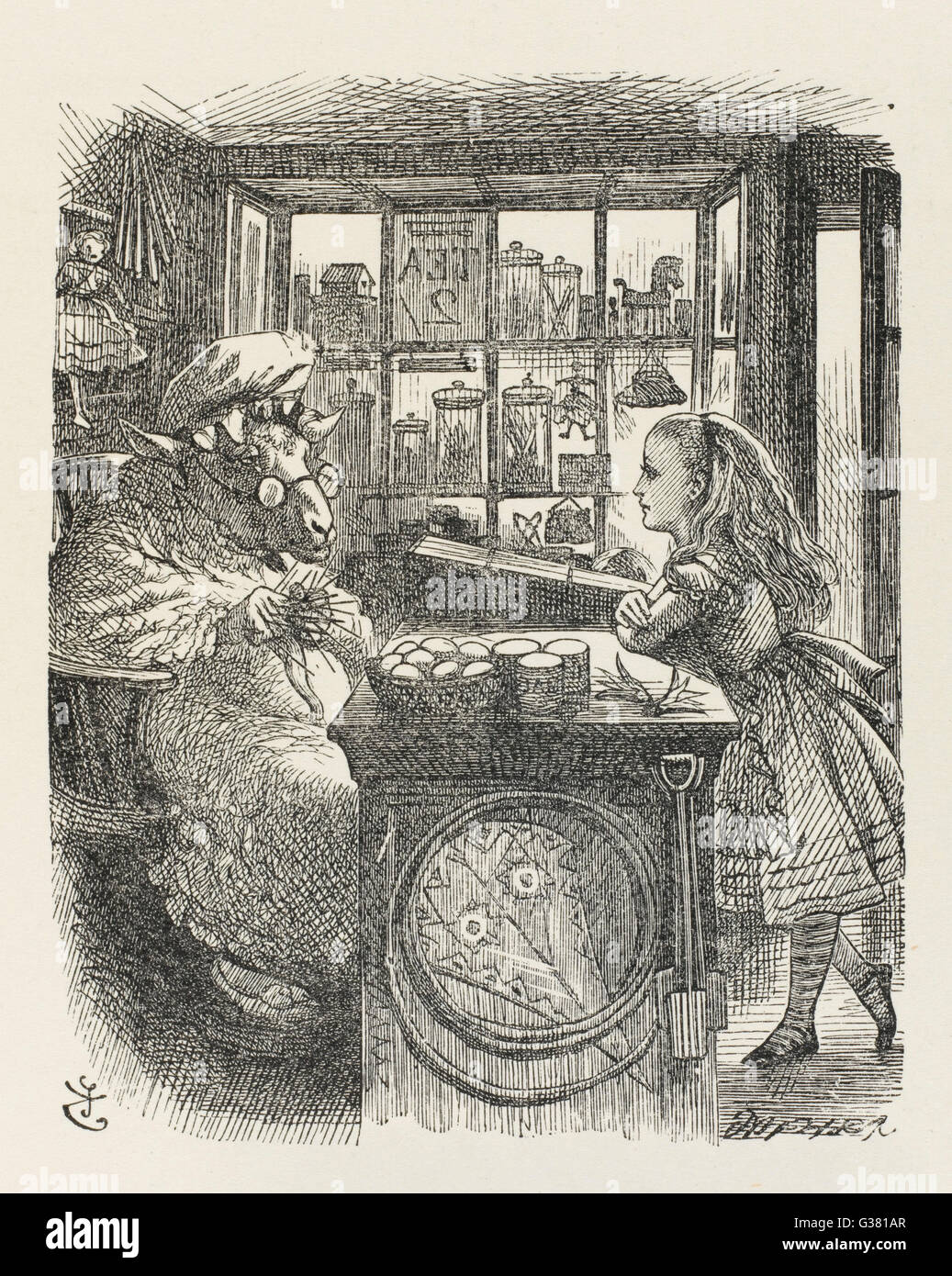 Alice con il negoziante di pecore, attraverso il vetro che guarda Foto Stock