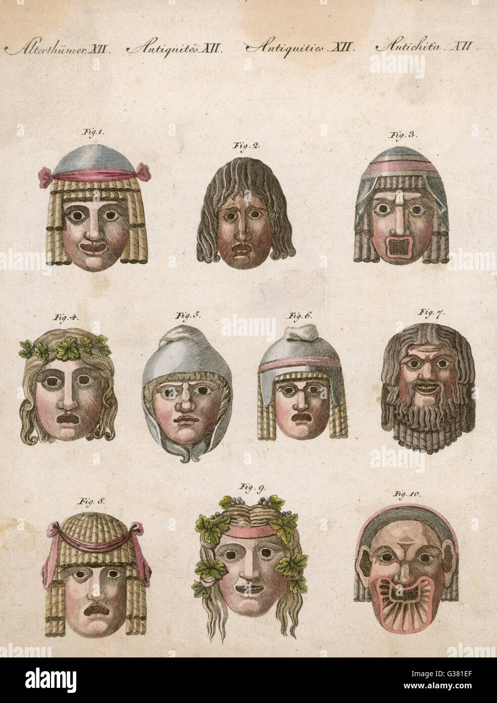 Greco classico attori' maschere raffiguranti diverse espressioni ed emozioni Foto Stock