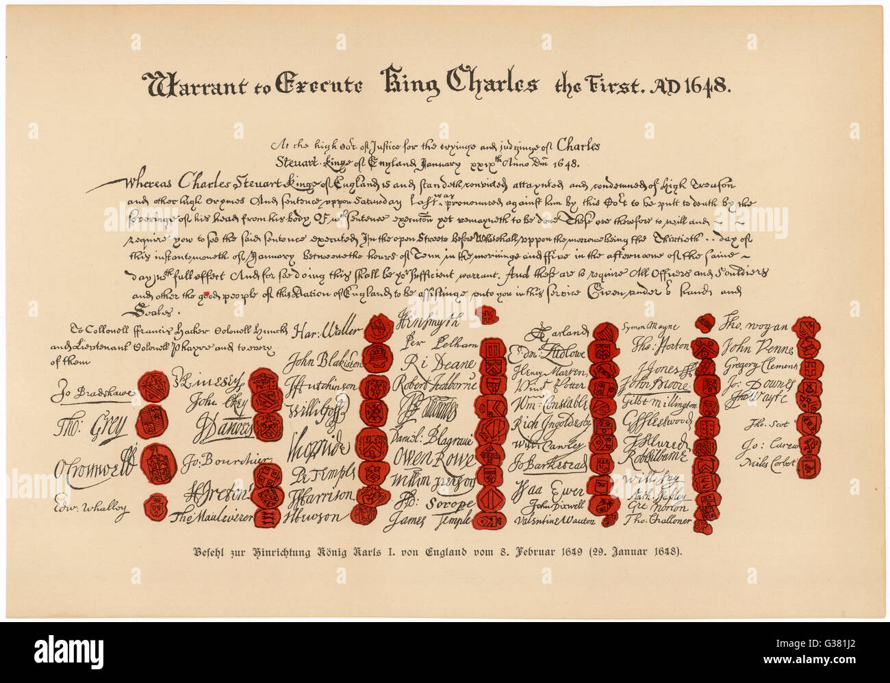 Il mandato per l'esecuzione di Carlo I Data: 30 gennaio 1649 Foto Stock