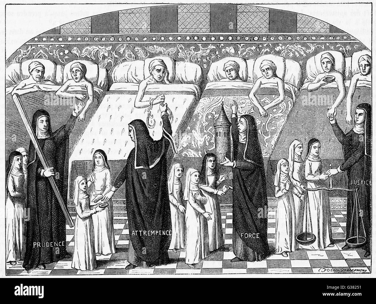 HOTEL-Dieu, PARIS monache, infermieri e pazienti - alcuni di loro condividendo i letti Data: XV secolo Foto Stock