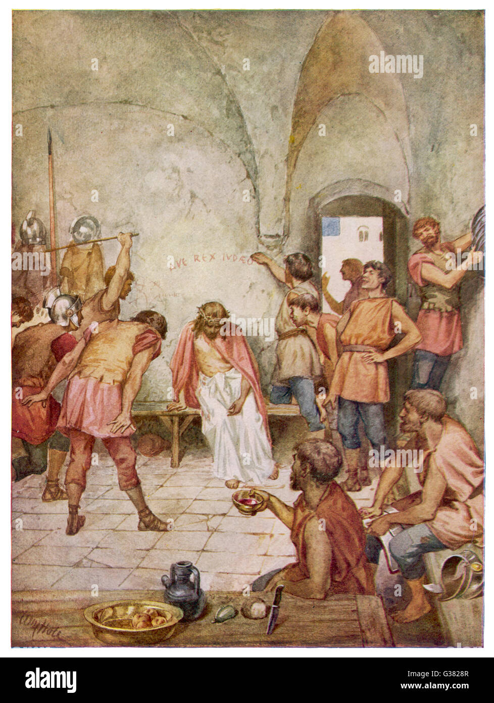 Gesù è data una corona di spine dal beffardo soldati romani Foto Stock