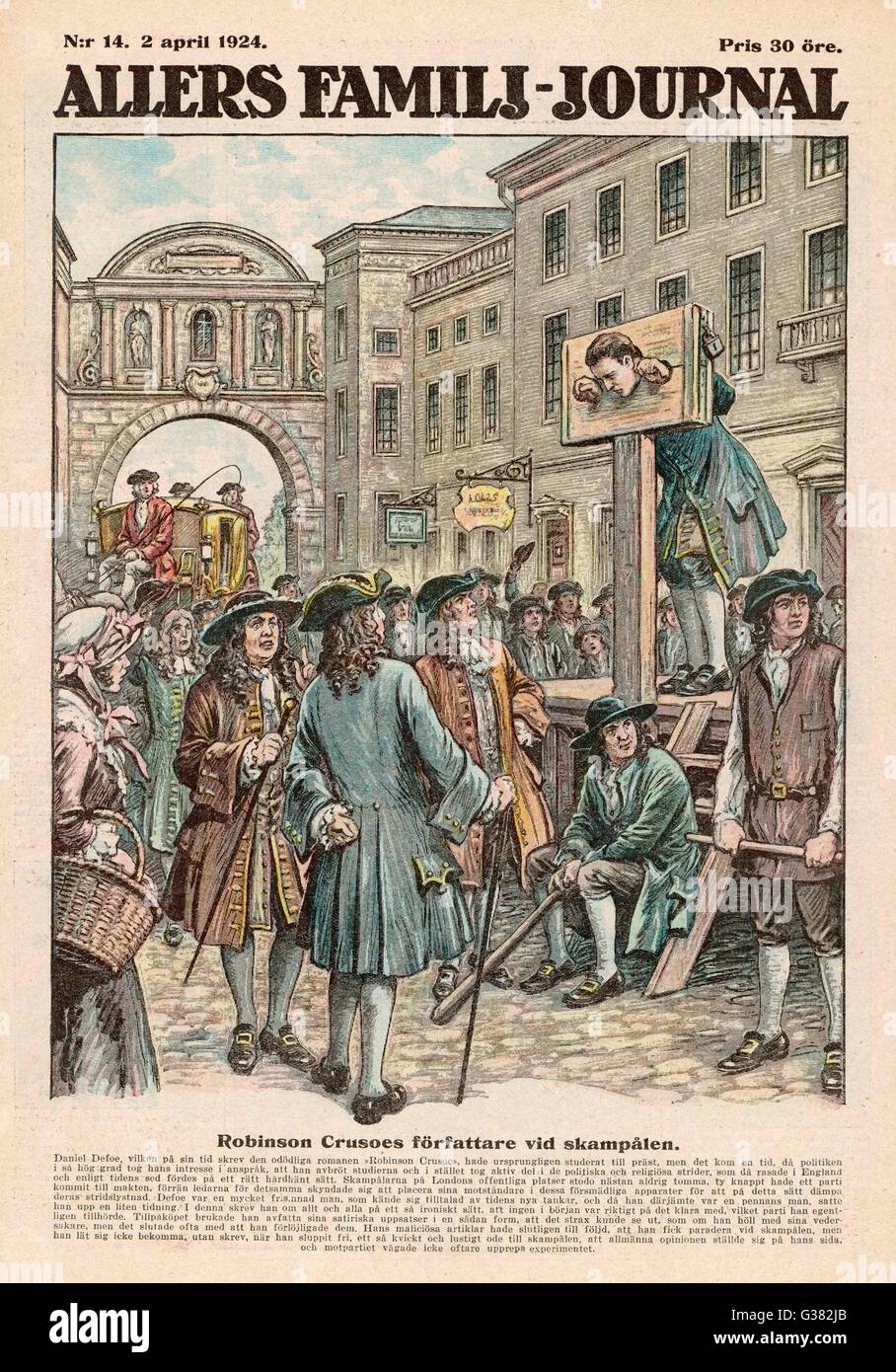 DANIEL DEFOE nel 1703,egli è messo alla gogna al Temple Bar, Londra, per la pubblicazione di "La strada più breve con i dissidenti' ma la folla acclama lui Data: 1661-1731 Foto Stock