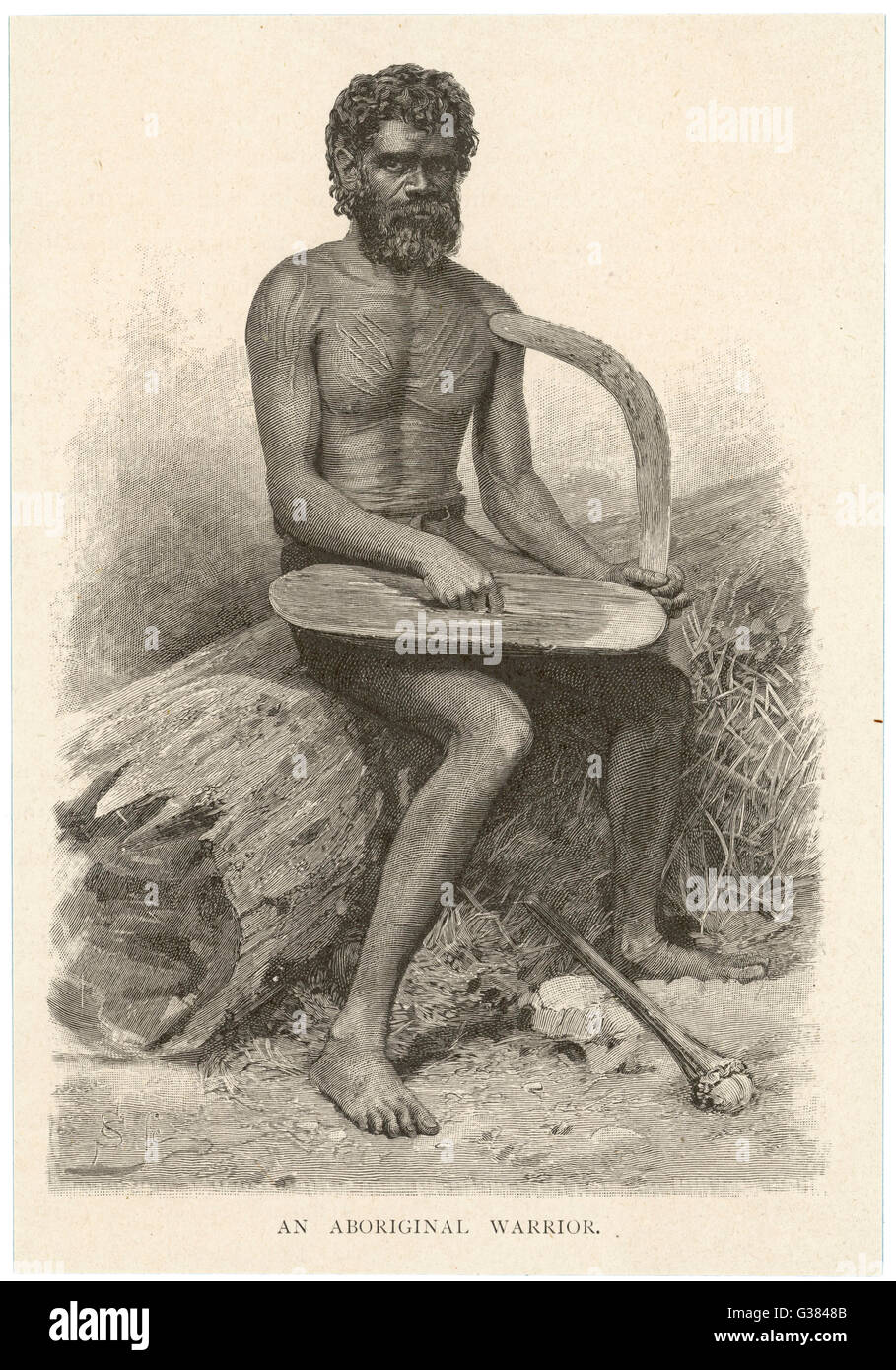 Un Aborigeno Warrior - con il boomerang e un knobkerrie-come arma data: 1891 Foto Stock
