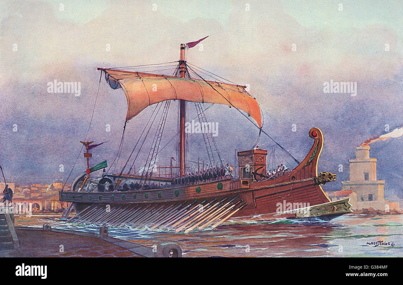 Una nave da guerra della Roma Imperiale è remando fuori del porto con solo una leggera vela issata Data: circa del I secolo d.c. Foto Stock