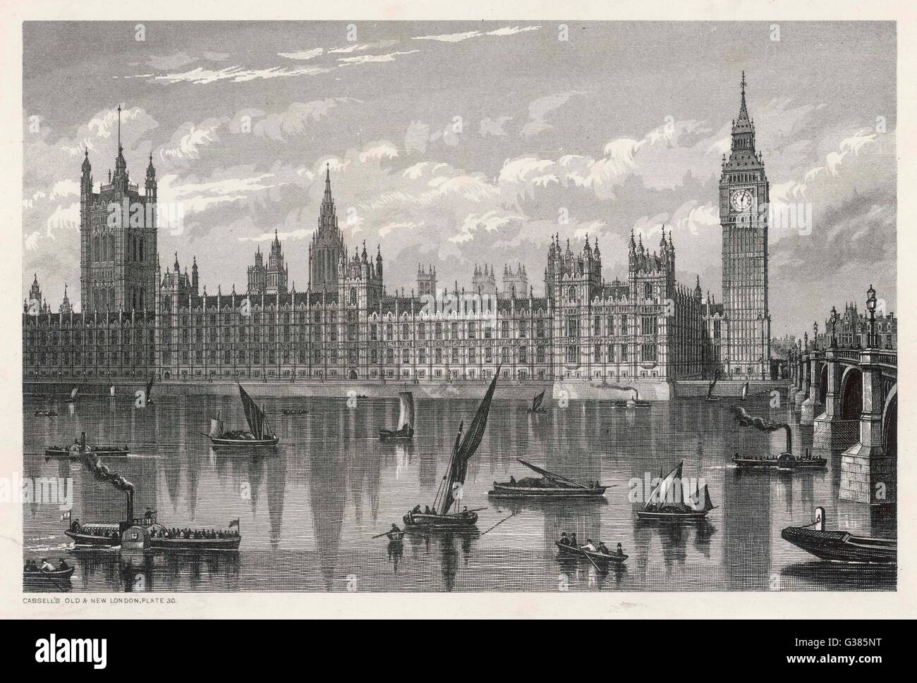 Vista esterna di edifici del Parlamento e il Big Ben, visto dal Tamigi Data: nel 1860 circa Foto Stock