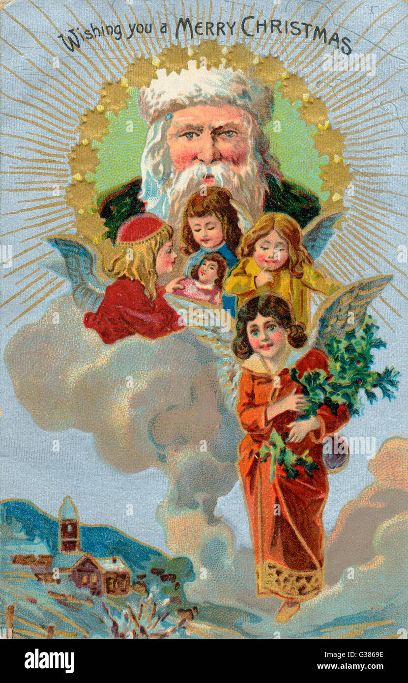 Natale appaiono gli angeli dal cielo mentre Babbo Natale guarda a. Data: tardo XIX secolo Foto Stock
