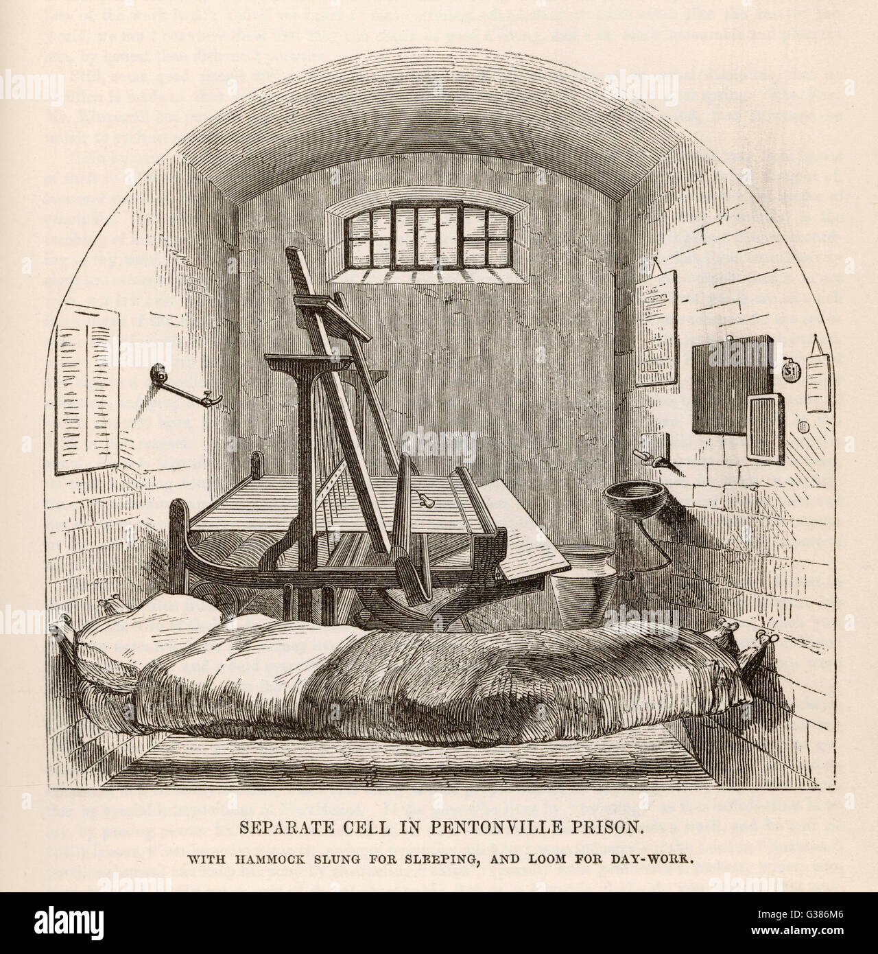 PENTONVILLE una cella di prigione con un amaca per dormire e un telaio per giorno-data di lavoro: nel 1860 circa Foto Stock