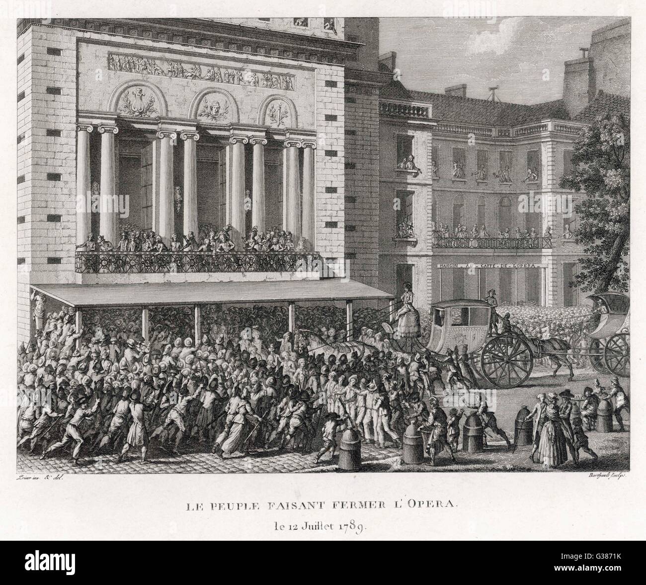 Quando Necker, l'unico ministro della fiducia della gente, è respinto da Louis, la folla di chiudere l'Opera di Parigi, simbolo di lusso, come un gesto del loro senso di perdita. Data: 12 Luglio 1789 Foto Stock