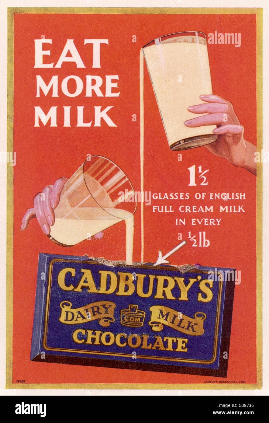 Annuncio mostrando come uno e mezzo bicchieri di inglese latte intero sono  in ogni mezza libbra Cadbury's al latte di barrette di cioccolato data:  1929 Foto stock - Alamy