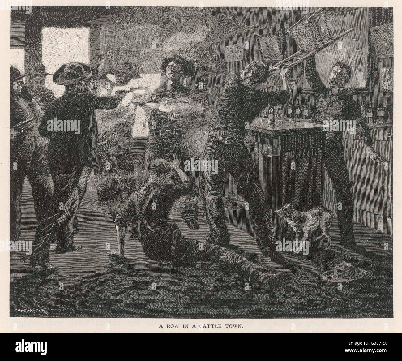 Una rissa nella città di bestiame - cowboy entrare in una lotta in una berlina. A parte le pistole di essere licenziato, sedie sono gettati e incrinato sopra le teste delle persone. Data: 1887 Foto Stock