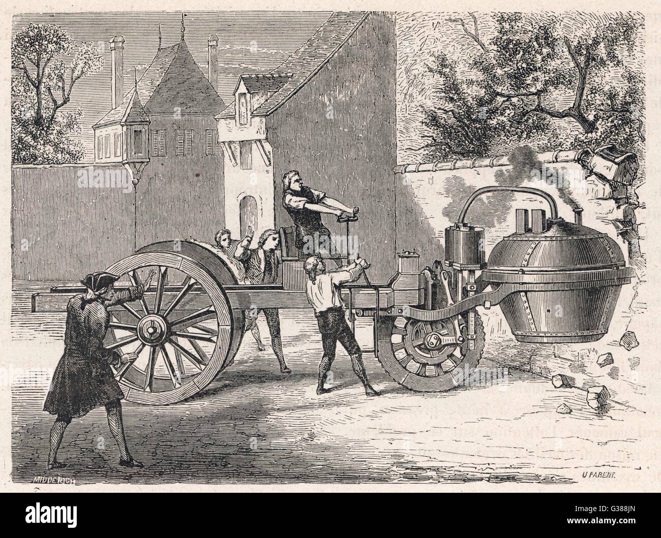 Cugnot vapore del carrello viene testato presso l'Arsenal, Parigi. Data: 1769/70 Foto Stock