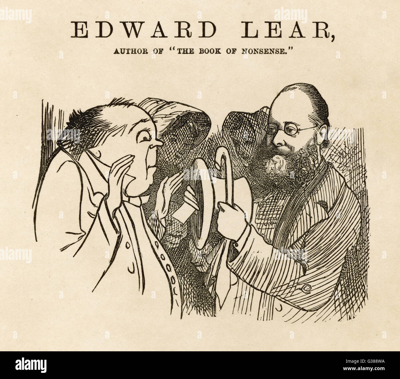 EDWARD LEAR artista e poeta sciocchezze, mostrando un estraneo che ha pensato che Edward Lear è stata semplicemente uno pseudonimo, all'interno del suo cappello con il suo nome nel rivestimento. Data: 1812 - 1888 Foto Stock
