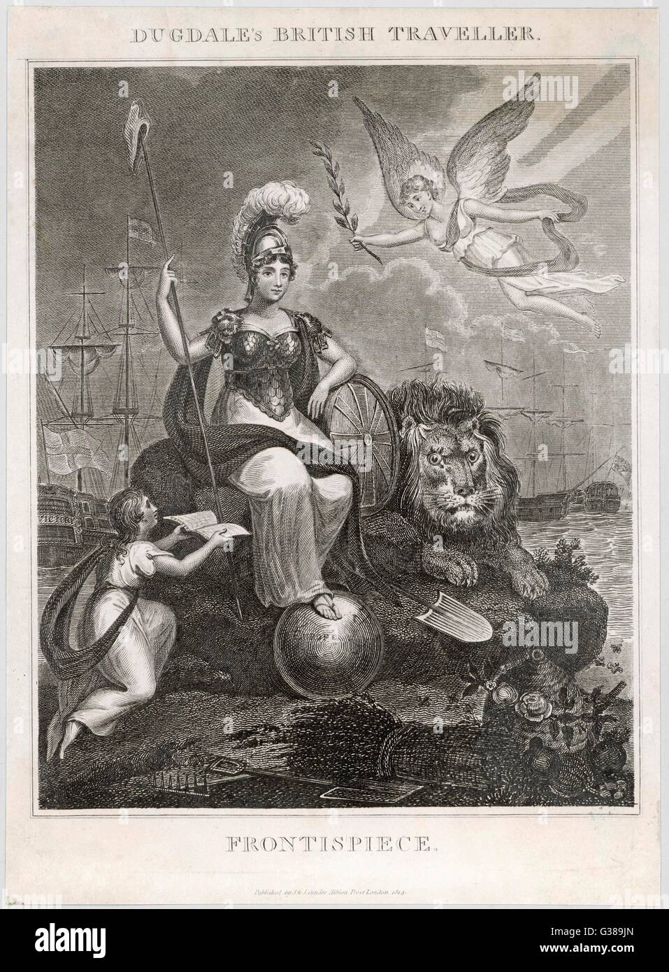 Un imperioso Britannia con il suo piede sulla protezione dell'Europa data: 1814 Foto Stock