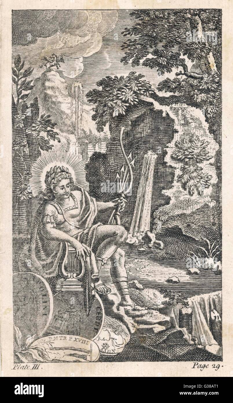 La prua testimonia il suo status come dio di tiro con l'arco, la lira al suo patrocinio delle arti : la sua aureola lo identifica come il romano equivalente del sole greco-dio HELIOS. Foto Stock