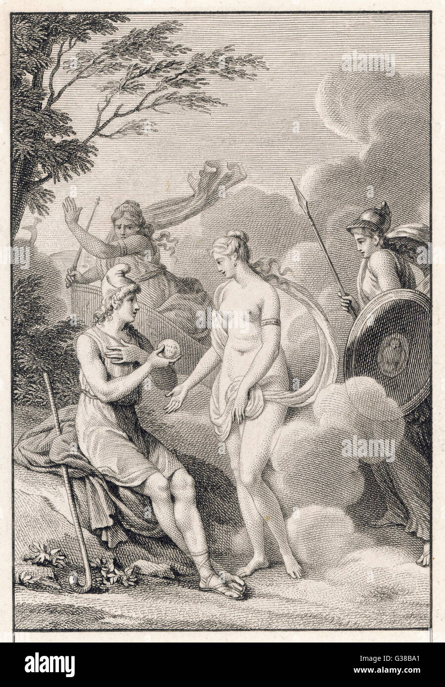 Parigi è invitato a scegliere tra Hera, Afrodite e Atena : dando la mela della Discordia per Aphrodite vince la sua amicizia ma perde che dei due altri.. Foto Stock
