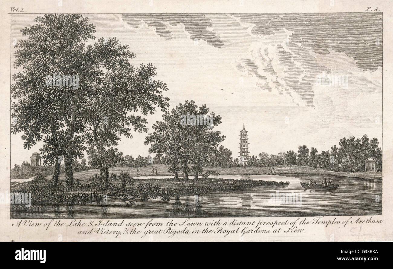 'Una vista del lago &AMP; Isola vista da prato con una prospettiva lontana dei templi di Arethusa e vittoria, &AMP; la Grande Pagoda nel Royal Gardens di Kew' Data: circa 1770 Foto Stock