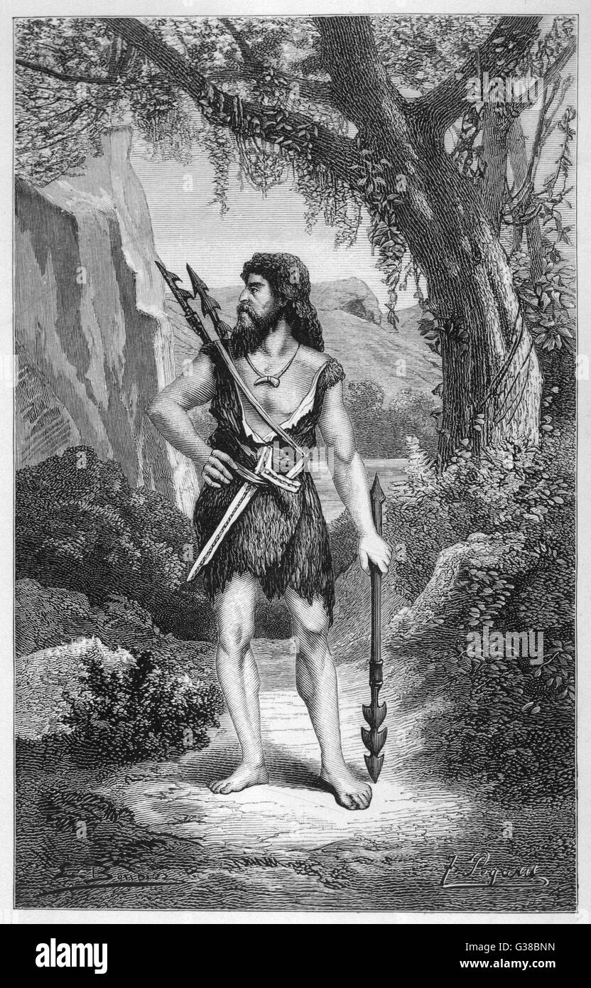 Una grotta preistorica l uomo, con le lance per la caccia di animali selvatici Data: circa 5000 BC Foto Stock